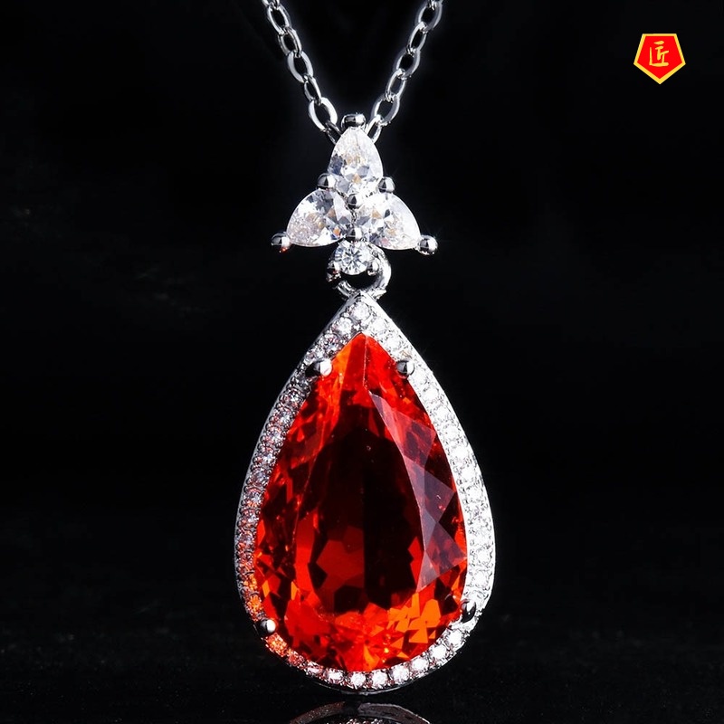 [Ready Stock]Elegant Blue Pear-Shaped Pendant Pink Crystal Gems Necklace for Women