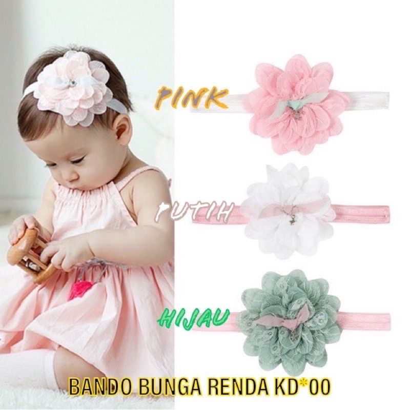 Bandana bayi / bando baby dengan Bahan Renda Elastis dan Hiasan Bunga 3 in 1 (Isi 3 Pcs)