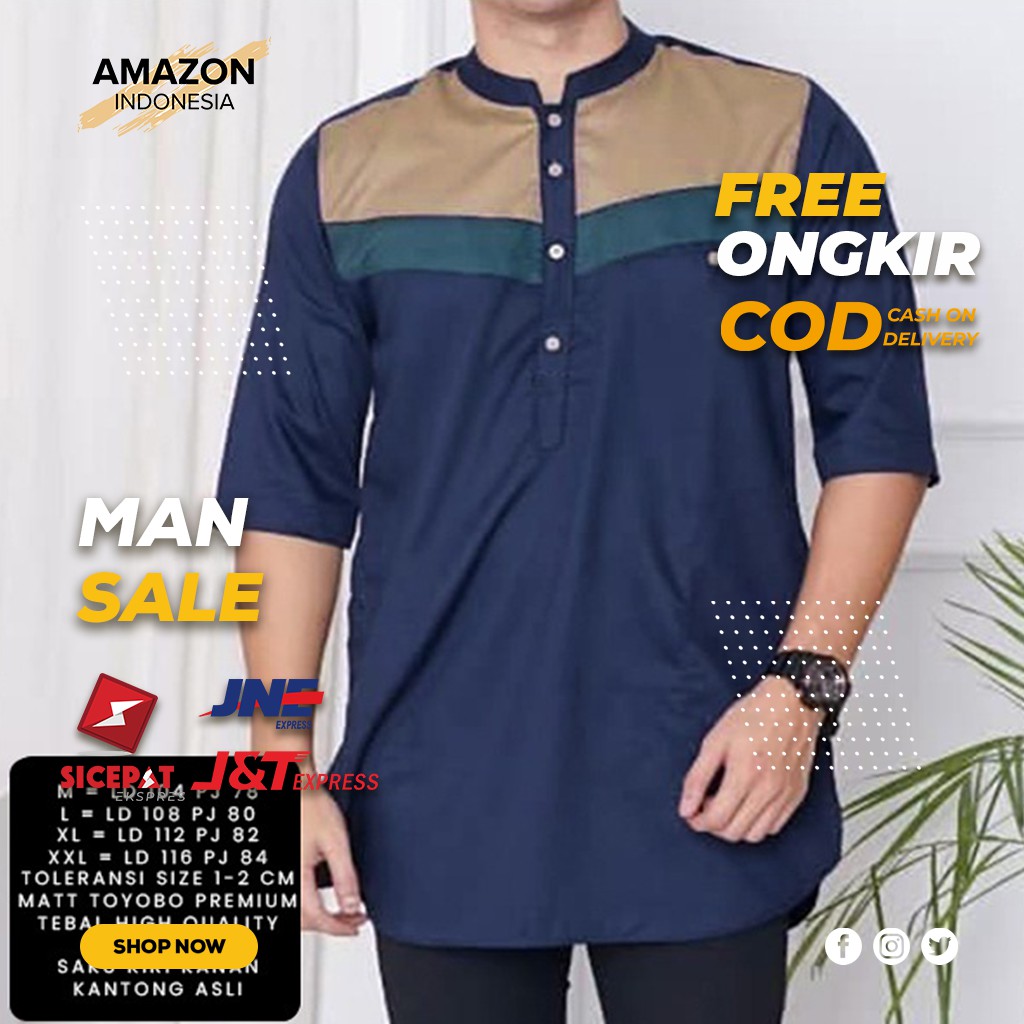 BAJU KOKO ATASAN MUSLIM PRIA WARNA NAVY KOMBINASI BAHAN TOYOBO KUALITAS BAGUS PREMIUM STYLE CASUAL