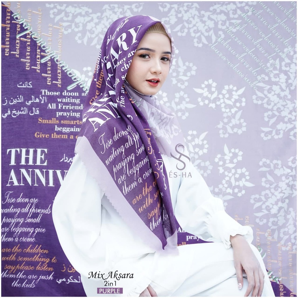 Hijab Segiempat Voal Premium Motif Koran Aksara Jawa // Java News Scarf-MIX AKSARA PURPLE
