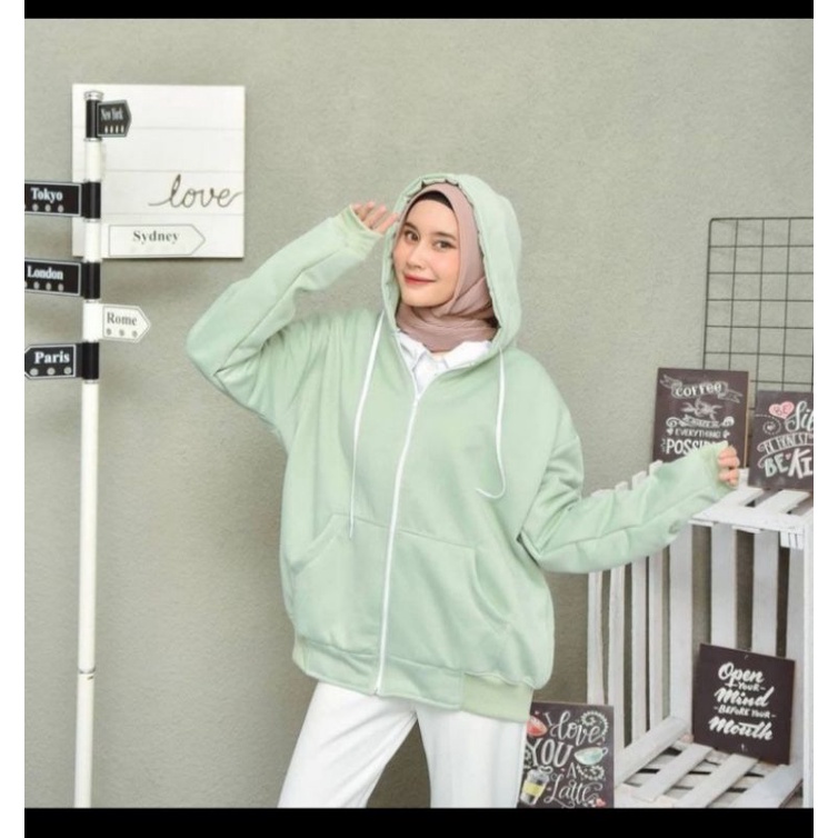 hoodie zipper hijau mint polos