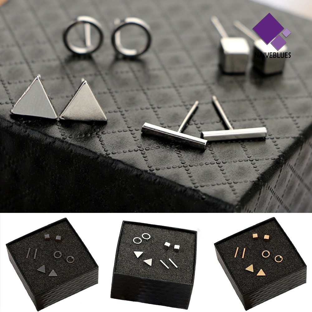 Set 4 Pasang Anting Stud Bentuk Bulat Persegi Segitiga Geometris Untuk Wanita