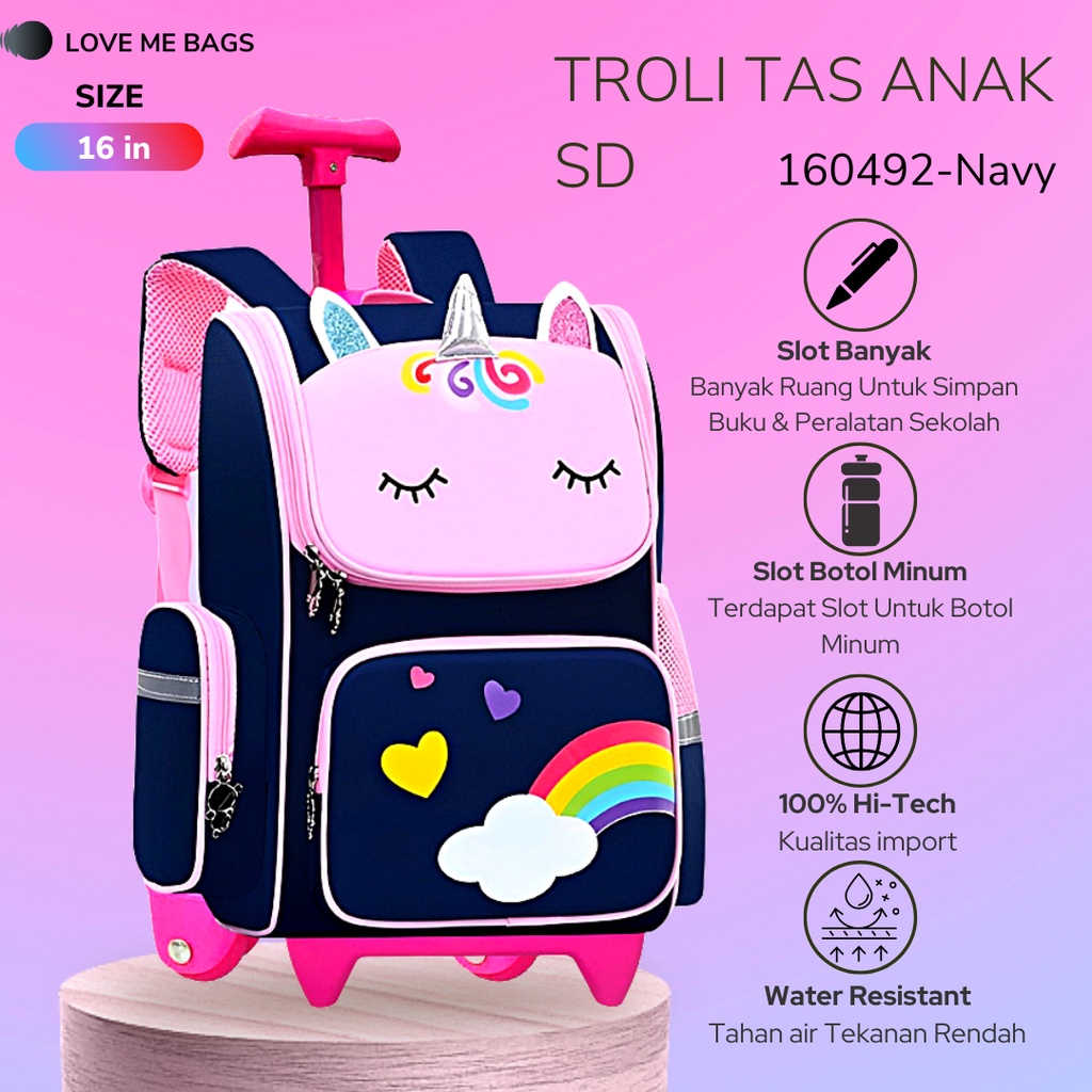 LMB Tas Troli Anak Sekolah Perempuan SD Import Karakter Kartun Bahan Nilon Premium Unicorn Ukuran Besar