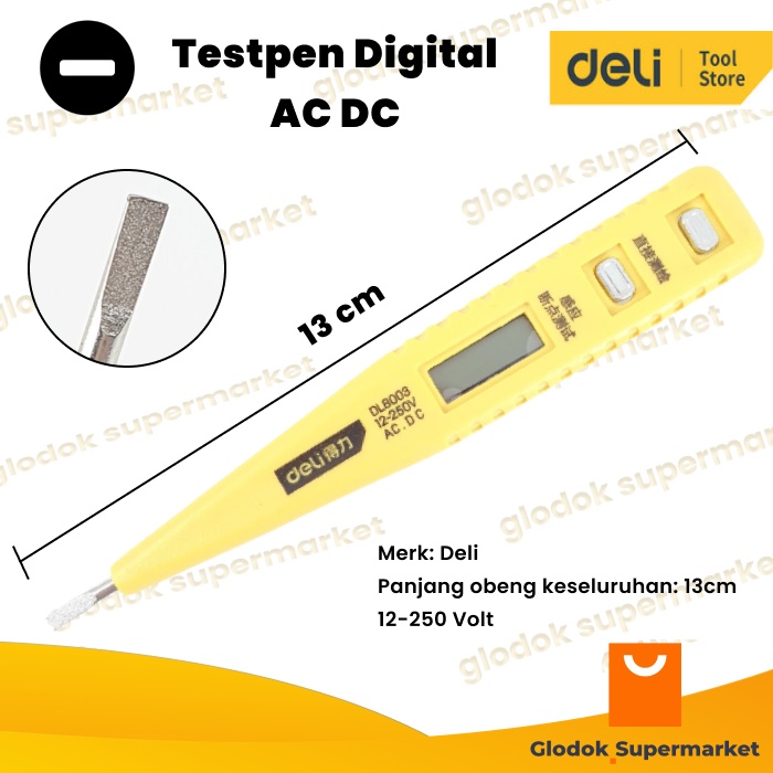 Testpen Digital AC DC Deli DL8003 Tespen 12-250 Volt Panjang 13cm Tester Pen