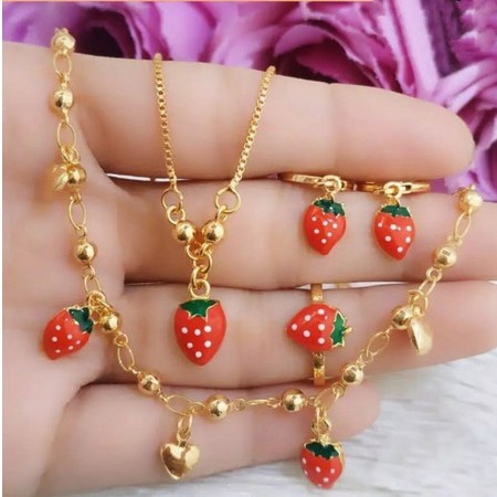 PERHIASAN ANAK SATU SET KALUNG+ANTING+GELANGTANGAN+KAKI+CINCIN strawberry
