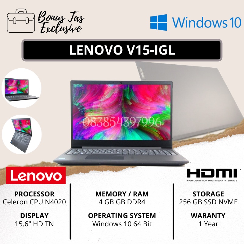 LENOVO SSD 256 GB V15-IGL [CELERON N4020 / 4 GB DDR4 / 15.6&quot; HD / GREY / FREE INSTALL WINDOWS 10 + OFFICE 2016 / BONUS TAS LAPTOP EXCLUSIVE] - (LAPTOP TERMURAH ORIGINAL) - TEKNO KITA