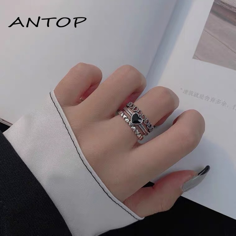 Korea Retro Hitam Cinta Paduan Cincin Pembukaan Kepribadian Wanita Fashion Aksesoris ANTOP
