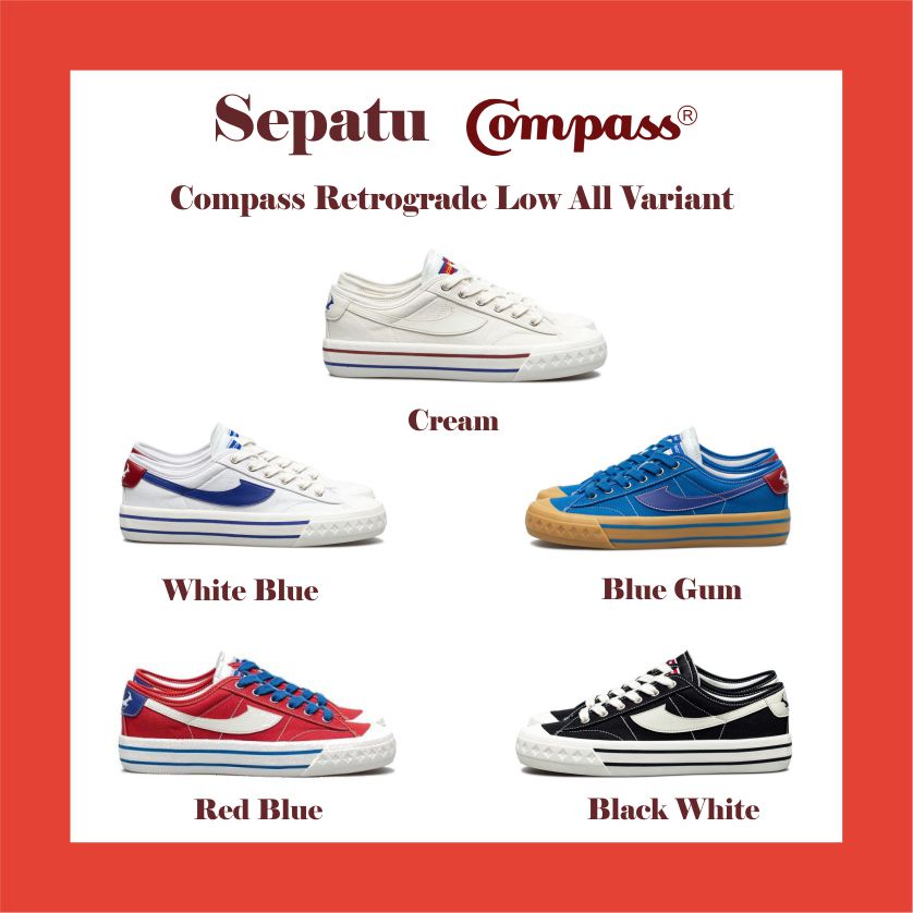 Sepatu Compass Retrograde Low Black White /Double Black/Cream/Blackwhite/BW/Bluegum/White Blue/Red B
