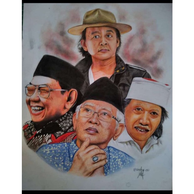 Hiasan dinding cetak gambar lukisan cak nun dan kawan kawan plus bingkai ukuran 35x52cm