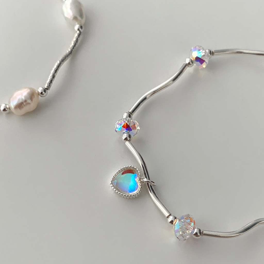 Gelang Tangan Alloy Silver Desain Hati Hias Moonstone Untuk Wanita