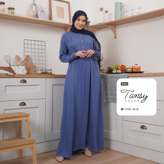 Tansy Dress Mysure Gamis Wanita Polos Rayon Premium Busui Adem - Steel blue, M