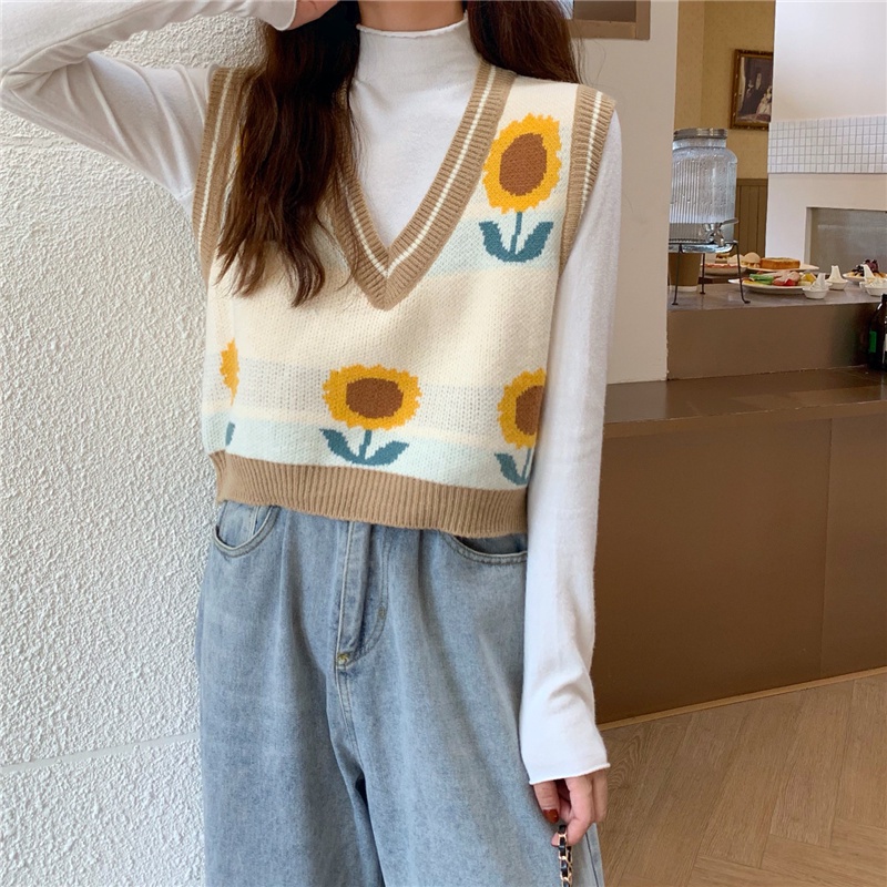 Wanita Sleeveless V-neck Sunflower Bunga Rajutan Vest Sweater tanpa lengan