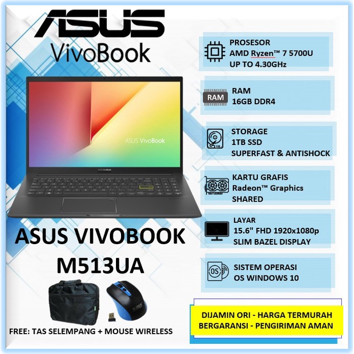Laptop Asus Vivobook M513UA AMD Ryzen 7 5700U 16GB 1TB 15.6" FHD BLACK