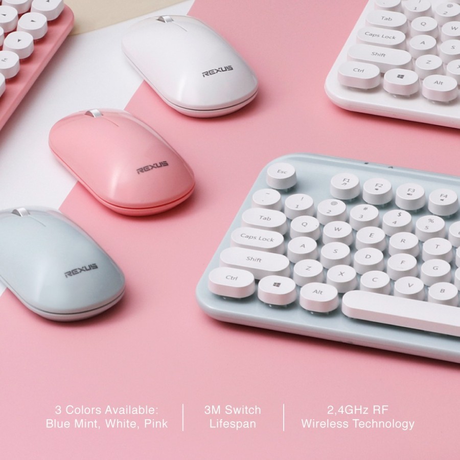 Keyboard mouse combo rexus wireless 2.4ghz TKL classic retro km9 km-9 Pink white mint