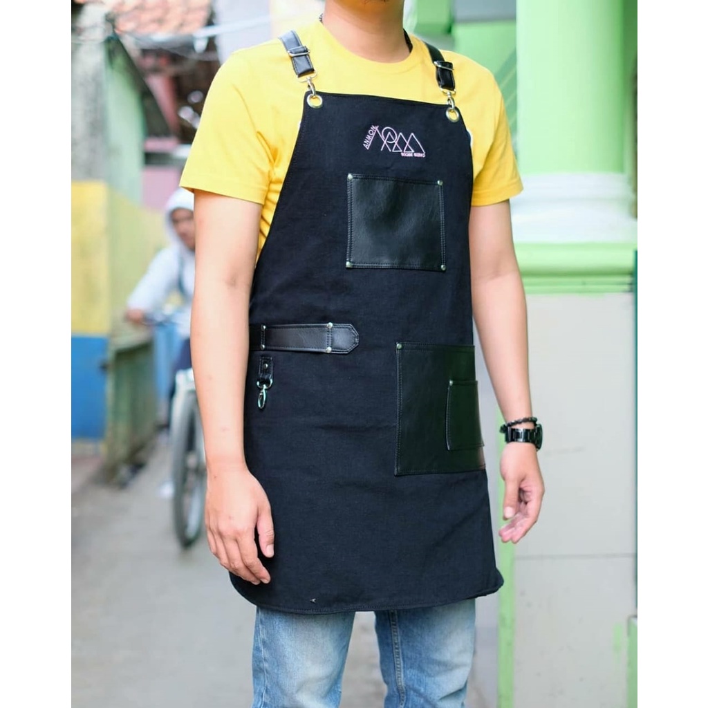 apron black denim/jeans for barista/barber crossback strep synthetic leather