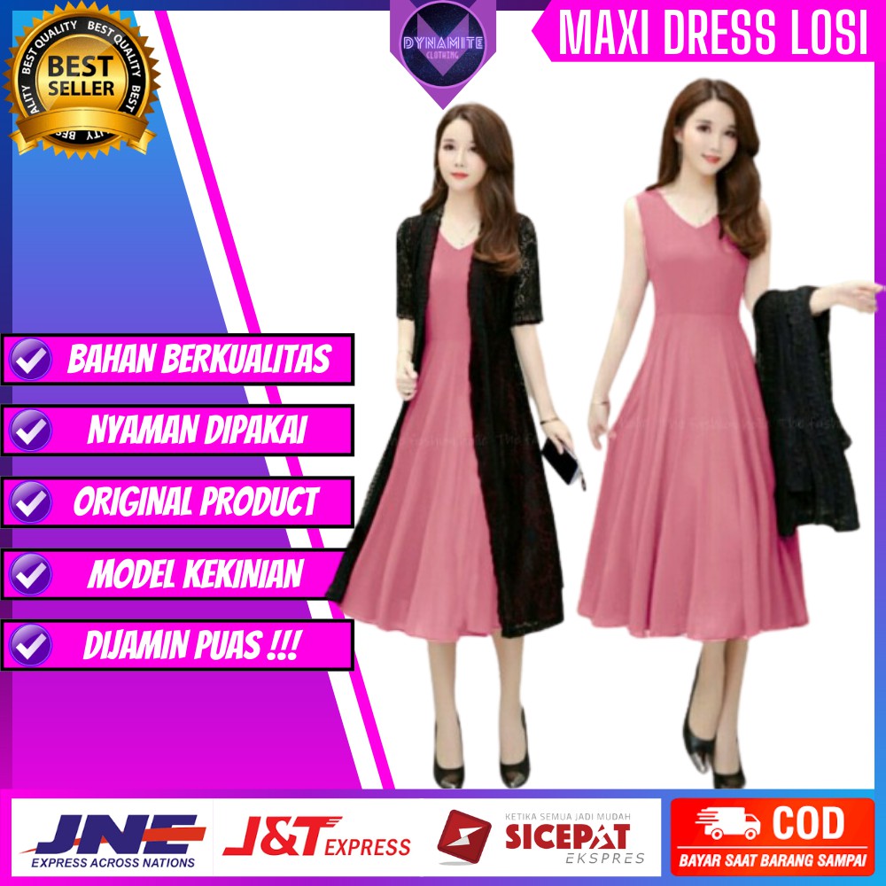 Satu Set Maxi Dress + Cardigan Dres Drees Gaun Pesta Panjang Fashion Korean Style Wanita Cewek Murah