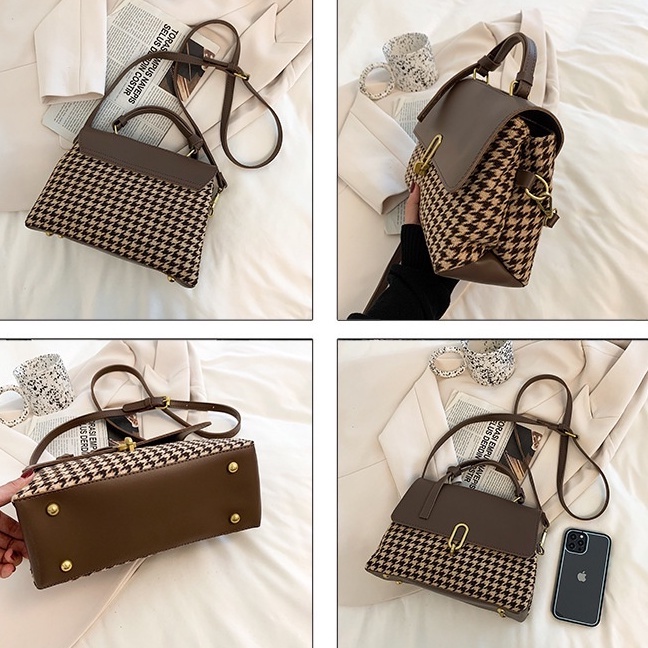 Houndstooth Tas Selempang Bahu Kulit PU Kecil dengan Pegangan Pendek untuk Wanita 2022 Tas Tangan dan Dompet Sederhana Musim