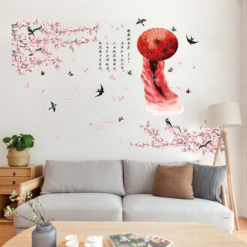 Reliza Wall Sticker Sakura Cewek Payung Girl Flowers Chinese Stiker Dinding LDR