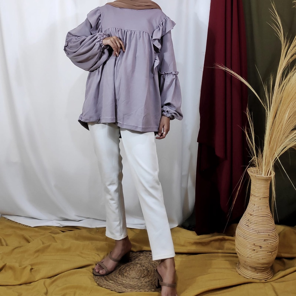 Blouse Wanita Lengan Panjang Kekinian Rumbai Gina LD 106cm Pjg 70cm FIt XL-XXL-Violet