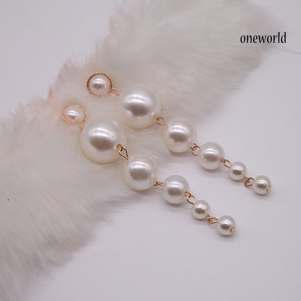 OW@ Fashion Women Long Faux Pearl Dangle Stud Earrings Statement Party Jewelry Gift