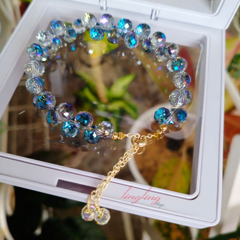 Gelang kristal serut,gelang kristal serut korea,gelang kristal tali elastis free BOX-Biru ebi serut