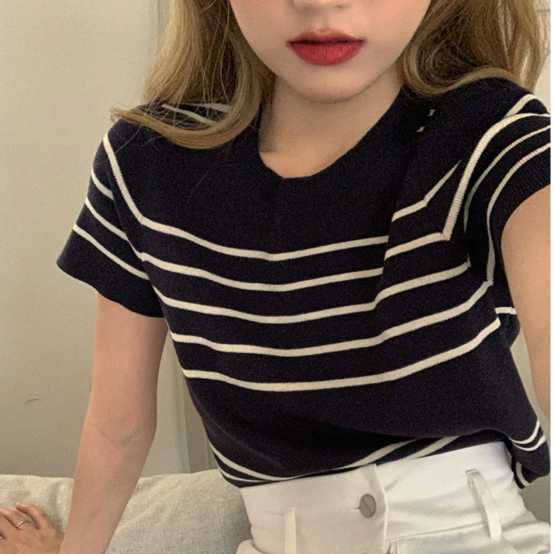 Kaos Rajut Lengan Pendek Garis-garis Wanita Korean Style Knit Crop Top