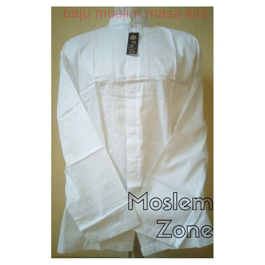 Busana Baju koko Jumbo XXL Putih Bordir Faiq Lengan Panjang - -