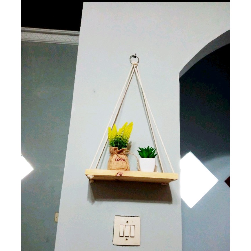 Rak Dinding Kayu Gantung Tali, Free Ring besi  + Paku