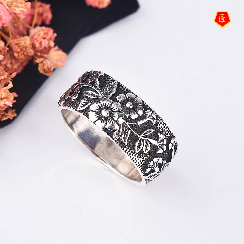 [Ready Stock]Vintage Neutral Silver Black Flower Bird Ring