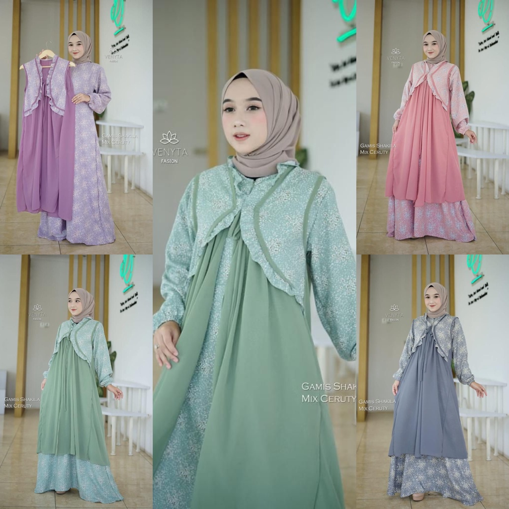 Gamis SET OUTER BLEZER CARDIGAN  2IN1 ori venyta LAILI LILI SET OUTHER  ROMPI baju muslim hits motif bunga umbrella Mayung syari maxidress pesta