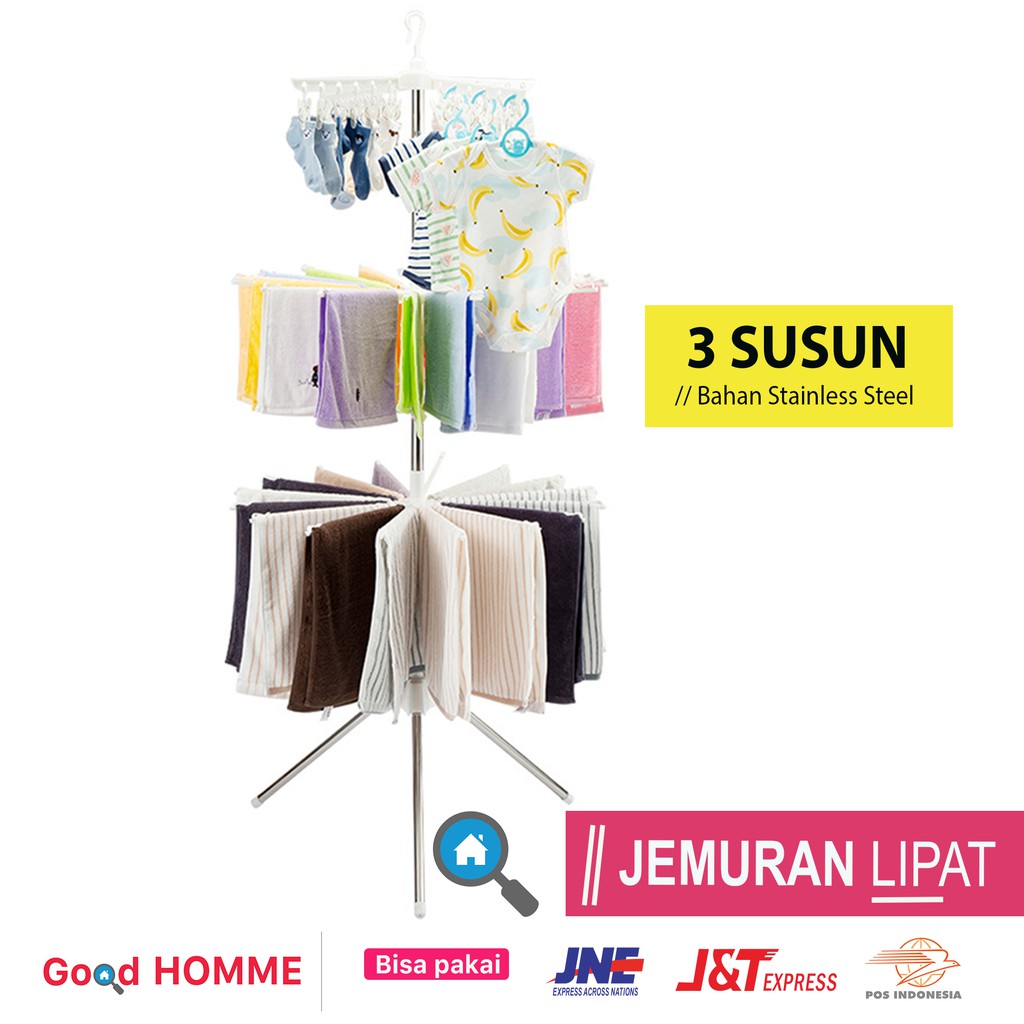 Tempat Jemuran Gantungan Hanger Jepitan Baju Pakaian Bayi Baby Anak Portable Menara Lipat Stainless