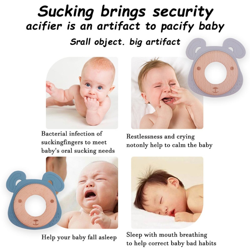 Mary Mainan Rattle Teether Silikon Bentuk Kartun Kepala Beruang Aksen Manik-Manik Kayu Untuk Bayi
