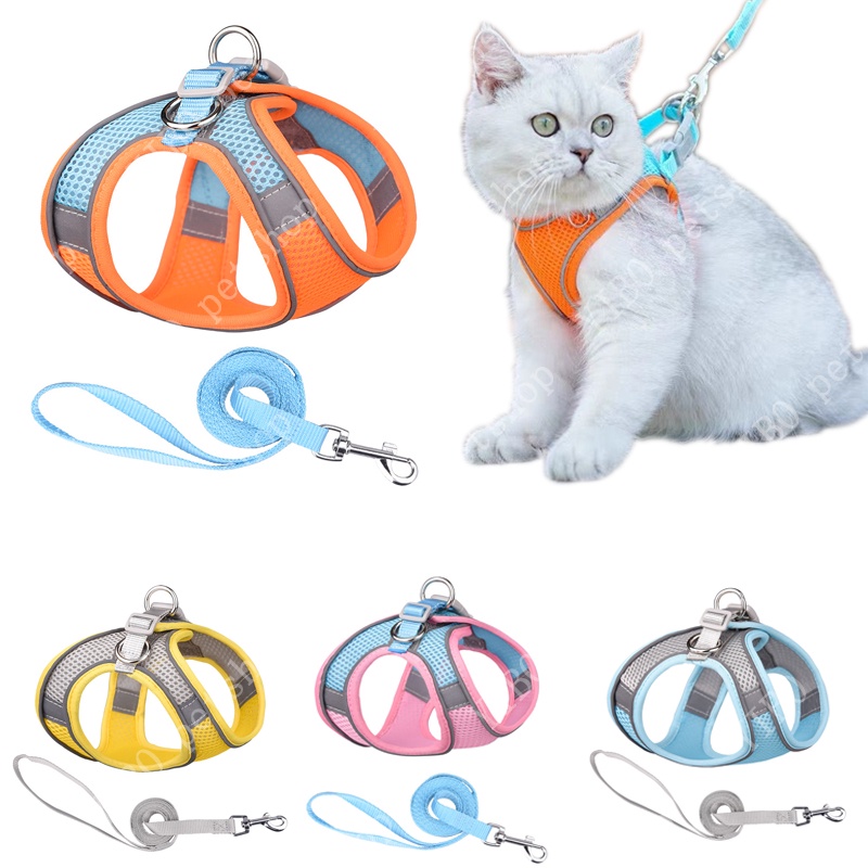 Set Tali harness Reflektif Breathable Dapat Disesuaikan Untuk Kucing Anjing Peliharaan