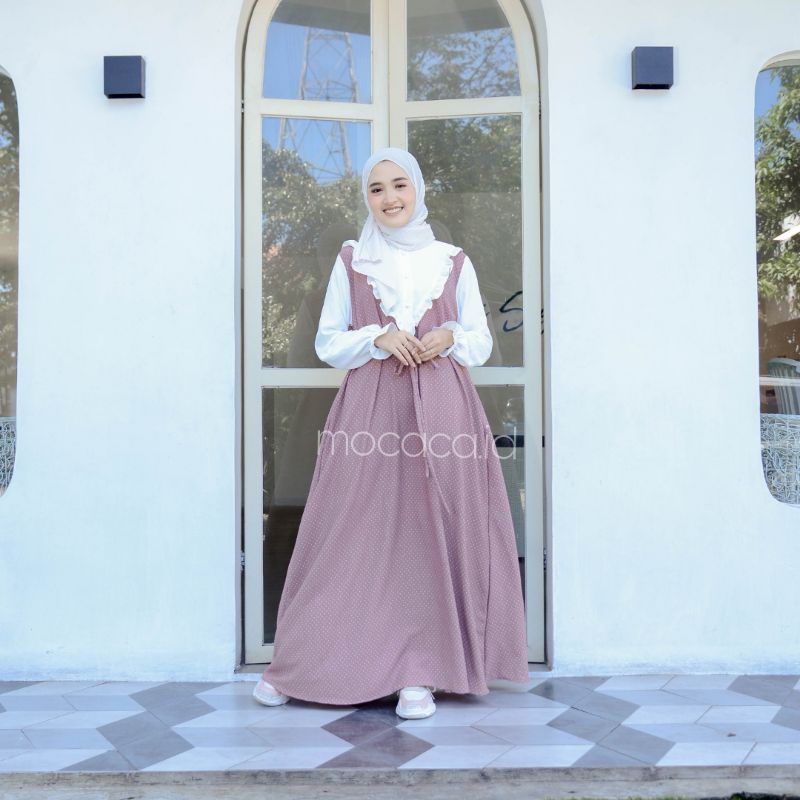 dress premiun bahan crincle polka kecil elegan putih hitam hijau olive dusty pink gamis tali ootd hijab terbaru bisa cod renda dindada busui dan wudhy friendly