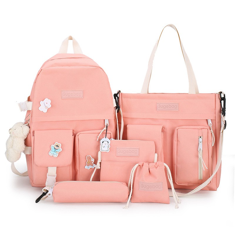 TB-70 set 5 pcs tas wanita ransel sekolah kampus pouch canvas bag import korea jepang