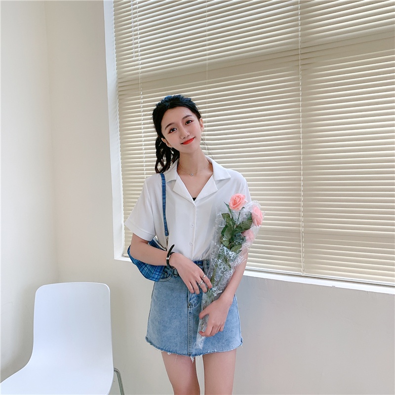 kemeja blus wanita Korea Style retro Shirt warna solid kaos sifon lengan pendek