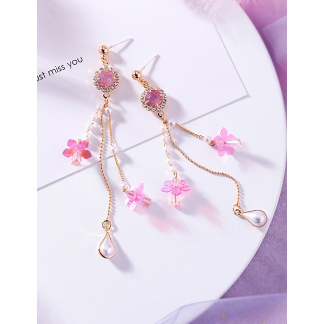 LRC Anting Tusuk Fashion Ring Tassel Needle Sequins Flower Tassel Pearl Crystal Opal Earring F5423X