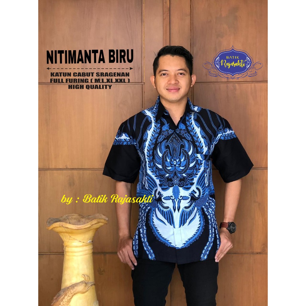 NITIMANTA BIRU RAJASAKTI KEMEJA BATIK SOLO PRIA LENGAN PENDEK LAPIS FURING ATASAN BATIK PREMIUM MODERN KATUN HALUS BAHUWIRYA  BANAMITRA BANAMITRA PUTIH BANGSAWAN BAYU PUTRA BERLIAN BIRU BHARATAYUDA BIMASENA BIRENDRA BIRU INDAH BRAHMAKERTA BRAHMAKERTA MERA