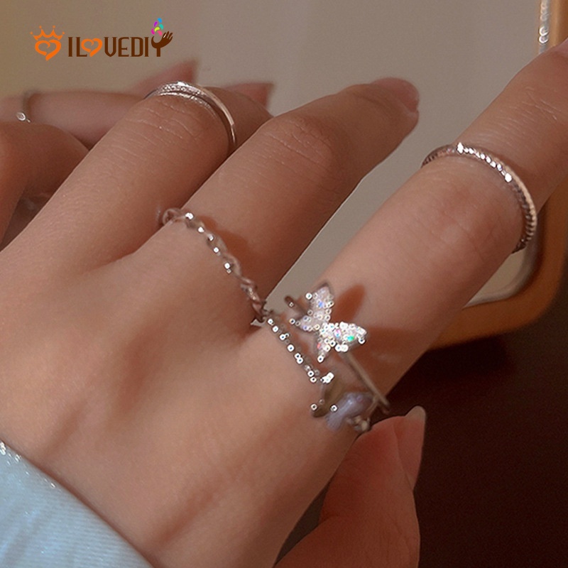 4pcs Cincin Model Terbuka Desain Butterfly Adjustable Gaya Korea Untuk Wanita