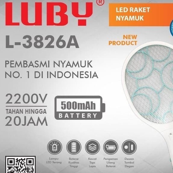 Raket Nyamuk Luby  L-3826A Charger Desain Elegan With LED Batrai Tahan Lama