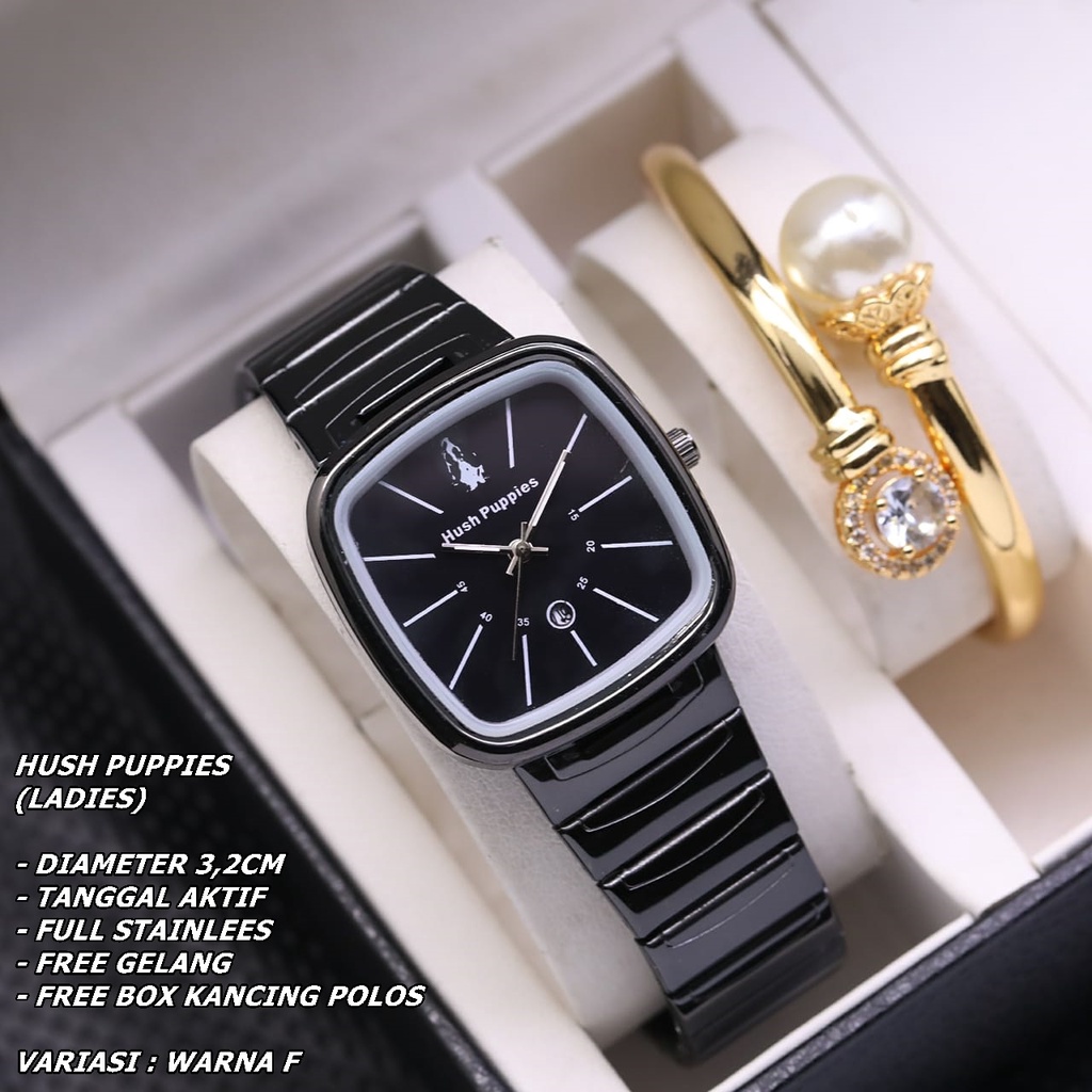 JAM TANGAN WANITA HUSH PUPPIES RANTAI BODY SEGI TANGGAL AKTIF FREE GELANG