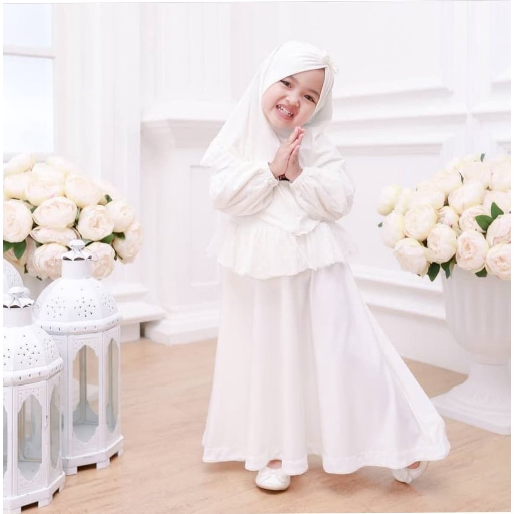 SET HIJAB (FREE HIJAB) Gamis Putih Anak Tanggung 3-14 Tahun Warna Putih WHITE TILE BY RATTU Baju Gam