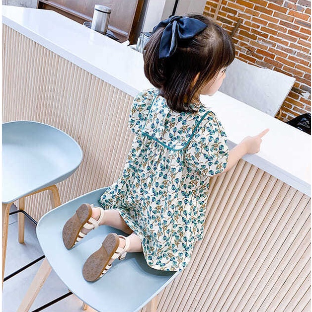 Dress Anak Perempuan Korean Fashion Floral Printed Warna Hijau Short-sleeve Gaun