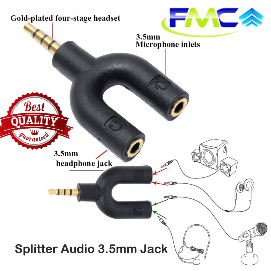 Splitter Audio 2 in 1 Bentuk U Mic &amp; Audio Jack 3,5mm Male to Dual Female For Microphone Headphone Handphone Komputer Speaker Laptop PC