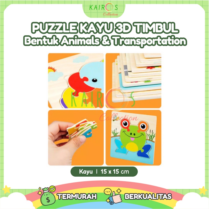 Puzzle Jigsaw Kayu 3D Timbul Motif Binatang Kendaraan Lucu