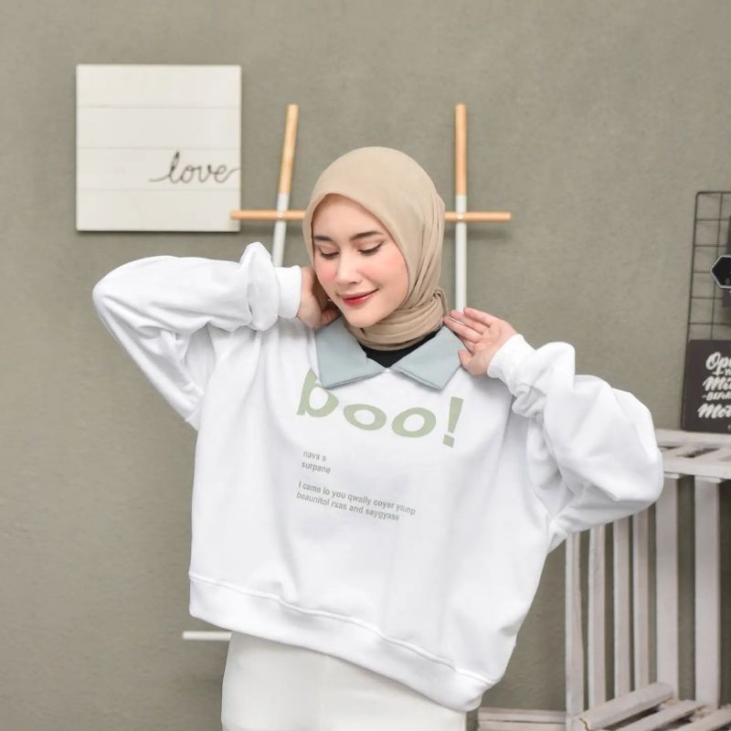 Sweater Crewneck Crop Wanita BOO Crop Kerah Termurah Bahan Fleece Lembut Dan Tebal