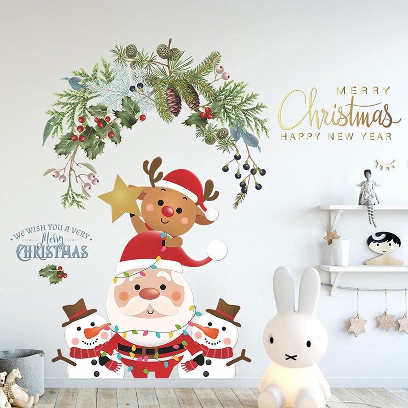 1pc Stiker Dinding Desain Kartun Santa Claus Elk Snowman Dapat Dilepas Untuk Dekorasi Natal