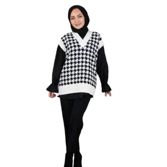 pojoksweater.id - Korean Vest Houndstooth V Neck Kualitas Terbaik