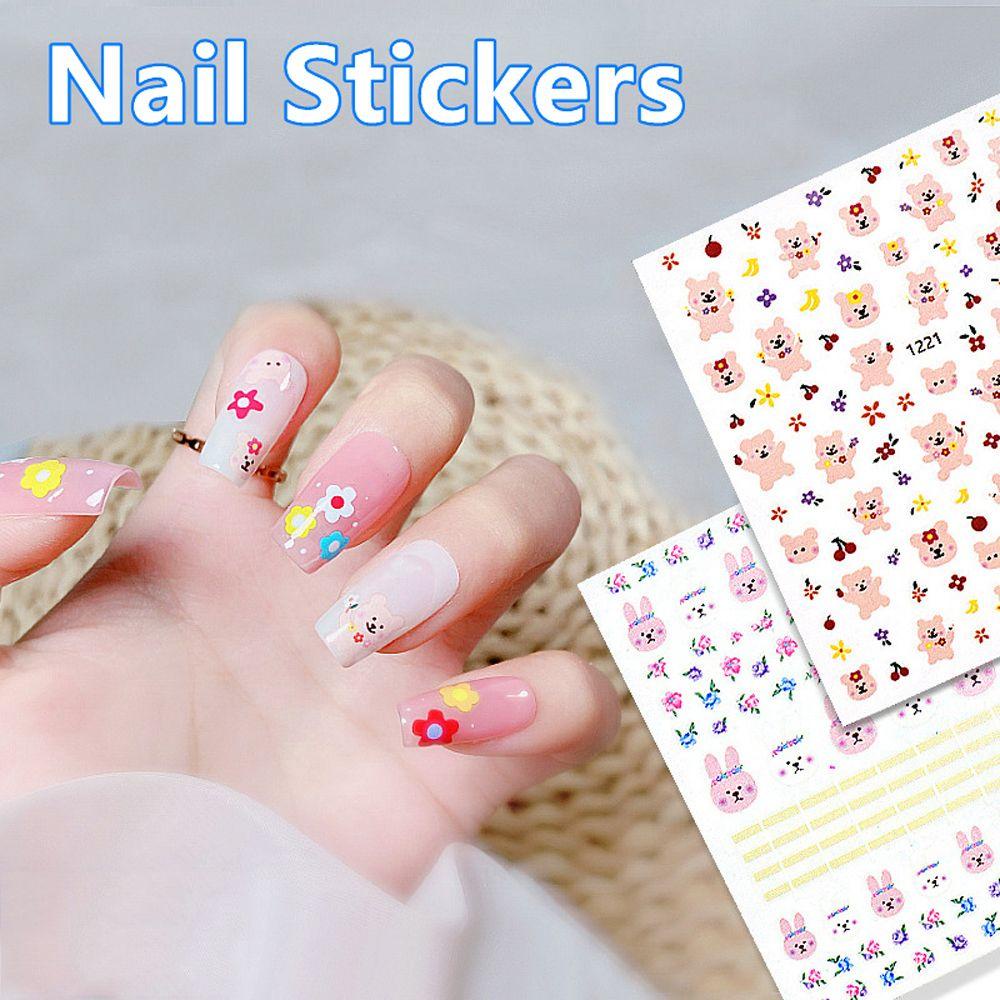 AUGUSTINA Agustina Stiker Kuku Wanita Kelinci Pelangi Hewan Bunga Matahari Kartun DIY Nail Decals