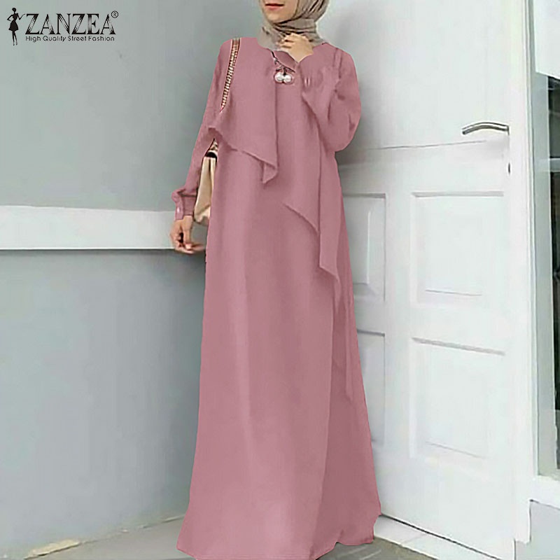 ZANZEA Women Solid Color Full Sleeve O Neck  Elegant Muslim Maxi Dress